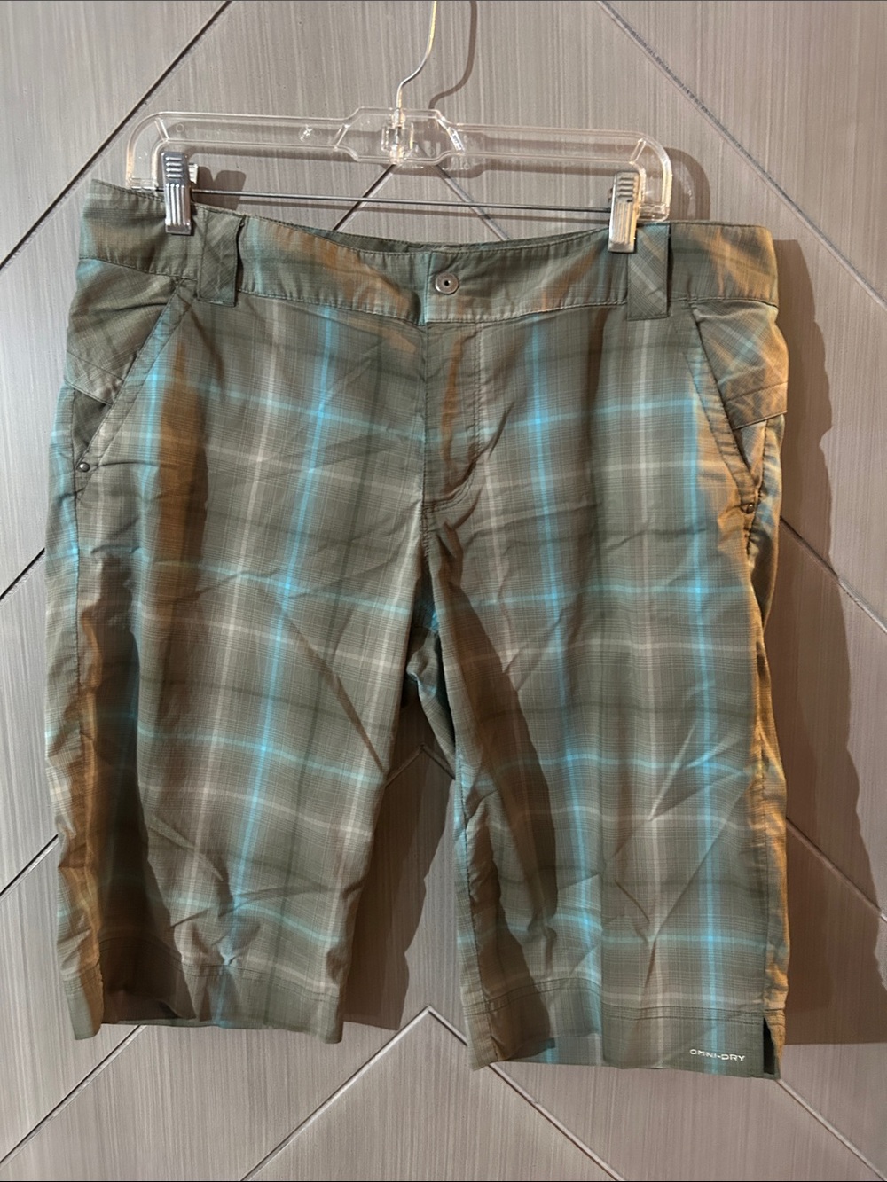 Columbia Olive Plaid Shorts with Teal Stripes